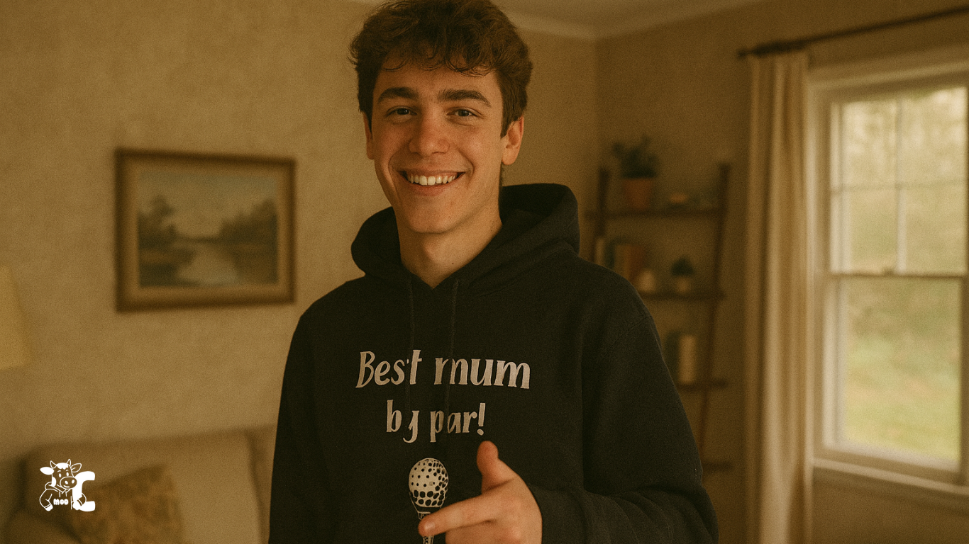Person wearing a hoodie with text in a home setting showcasing Cows Corner product