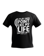 A black hoodie t-shirt with 'I Play Each Point Like My Life Depends on It – Novak Djokovic' funny tennis slogan on the front