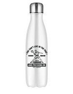 A 500ml white stainless steal water bottle with a funny tennis slogan on the front saying 'You Can’t Live in the Past, You’ve Got To Keep Looking Forward and Pressing On – Pete Sampras'