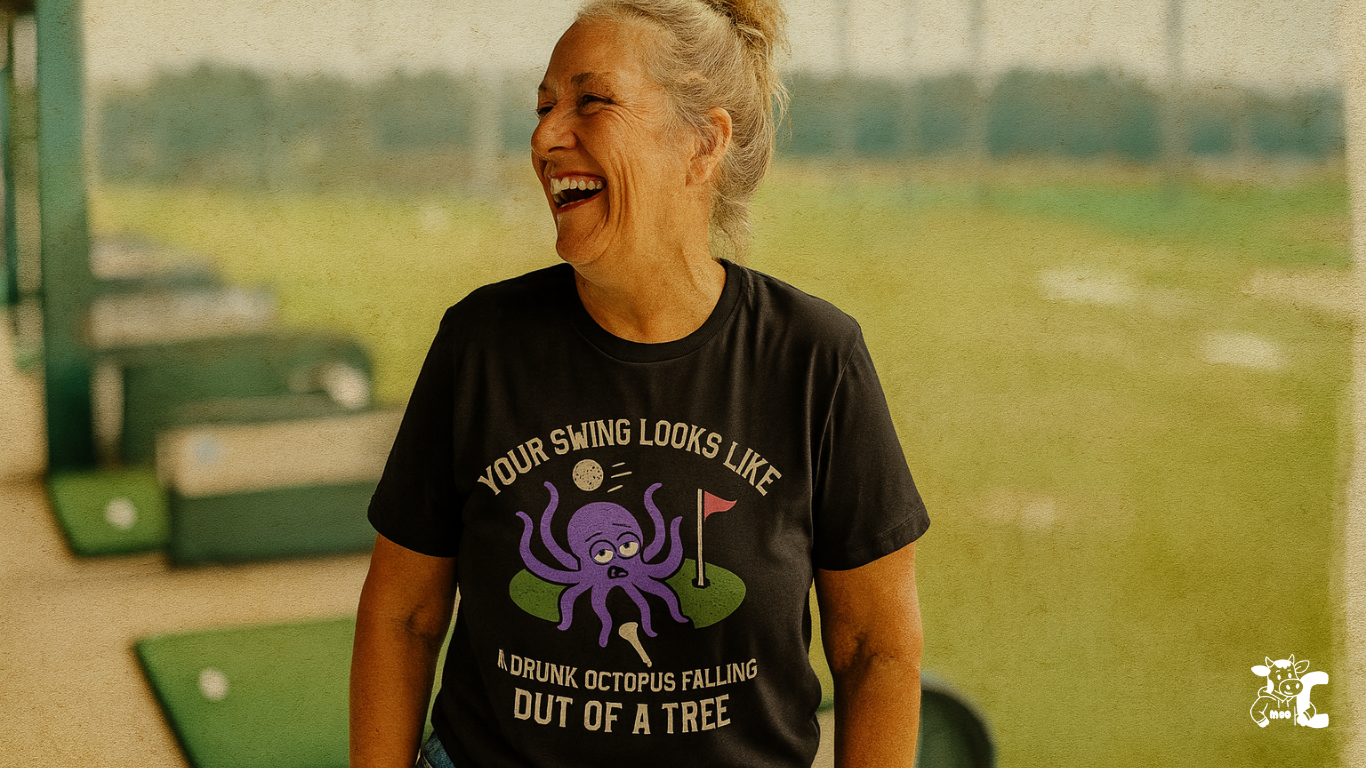 Person wearing a black t-shirt with a unique design, standing on a golf course showcasing Cows Corner product