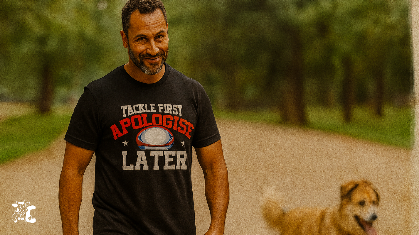 Man wearing a black t-shirt with humorous text, standing outdoors with a dog showcasing Cows Corner product
