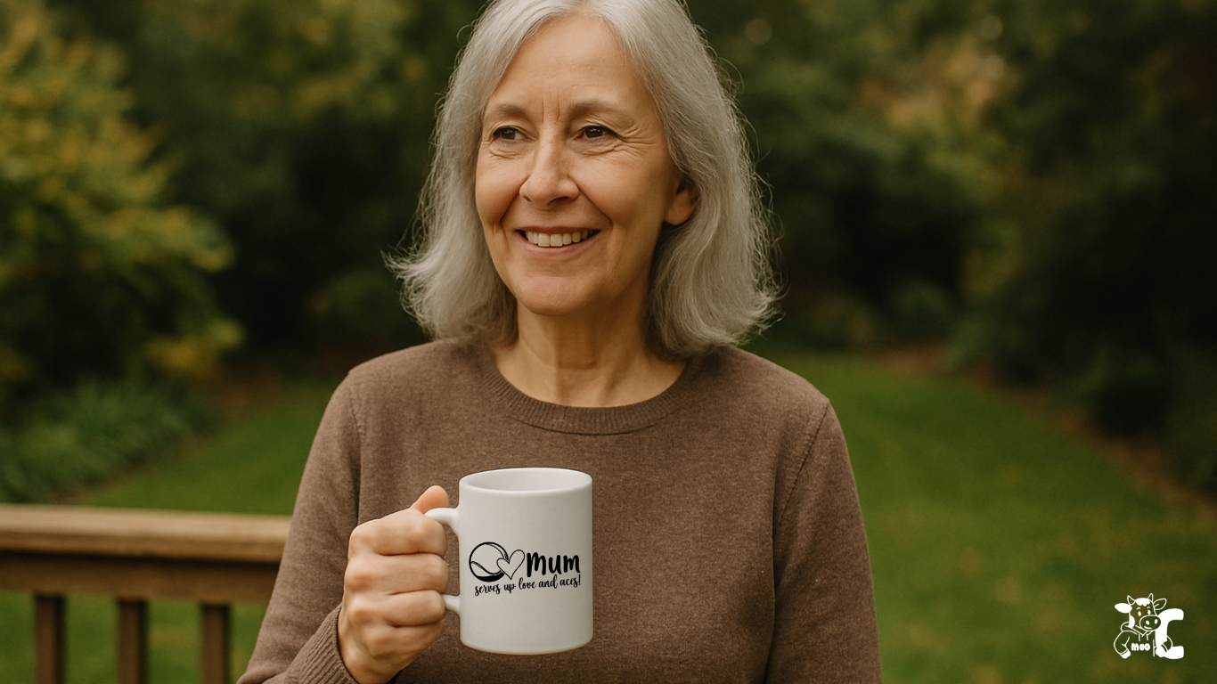 Woman holding a white mug with 'Mum' printed on it, standing outdoors showcasing Cows Corner product
