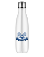 A white stainless steal 500ml water bottle that has a funny tennis slogan on the front that reads 'Game, Set, Mismatch