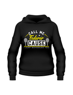 A black hoodie with the funny tennis slogan on the front that reads 'Call Me Federer ’Cause I Just Schooled You'