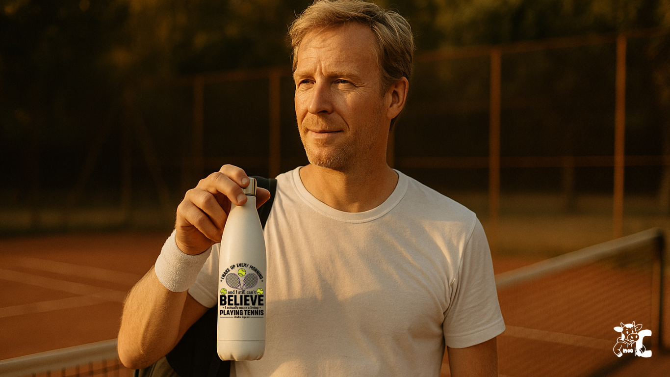 Man holding a bottle on a tennis court with a blurred background showcasing Cows Corner product