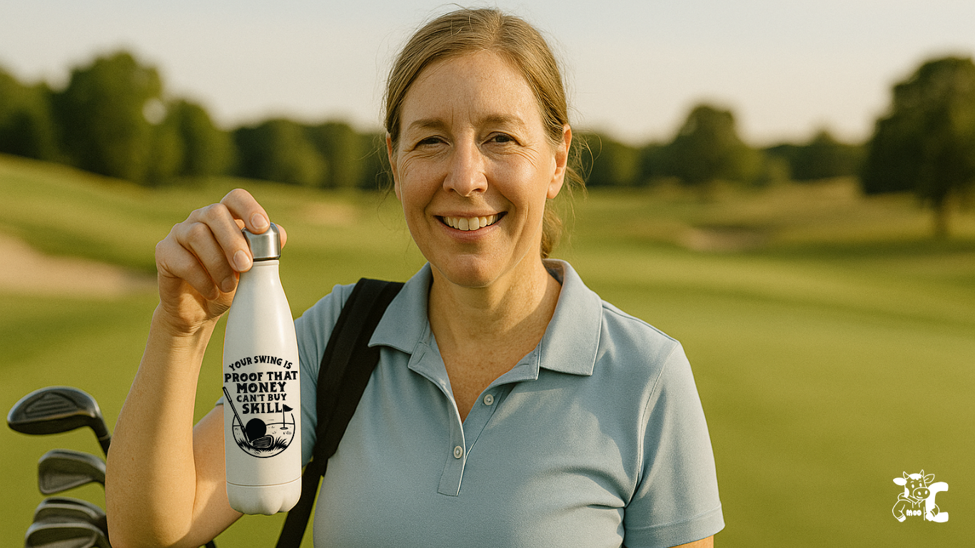 Woman holding a white bottle with text on a golf course showcasing Cows Corner product