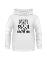 A white hoodie with the funny football slogan on the front saying 'Messi, Ronaldo…Nah ’My Dads the Real Goat!