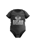 A black baby grow with the lovely tennis saying on the front that reads 'Best Dad, Best Coach, Best Cheerleader.
