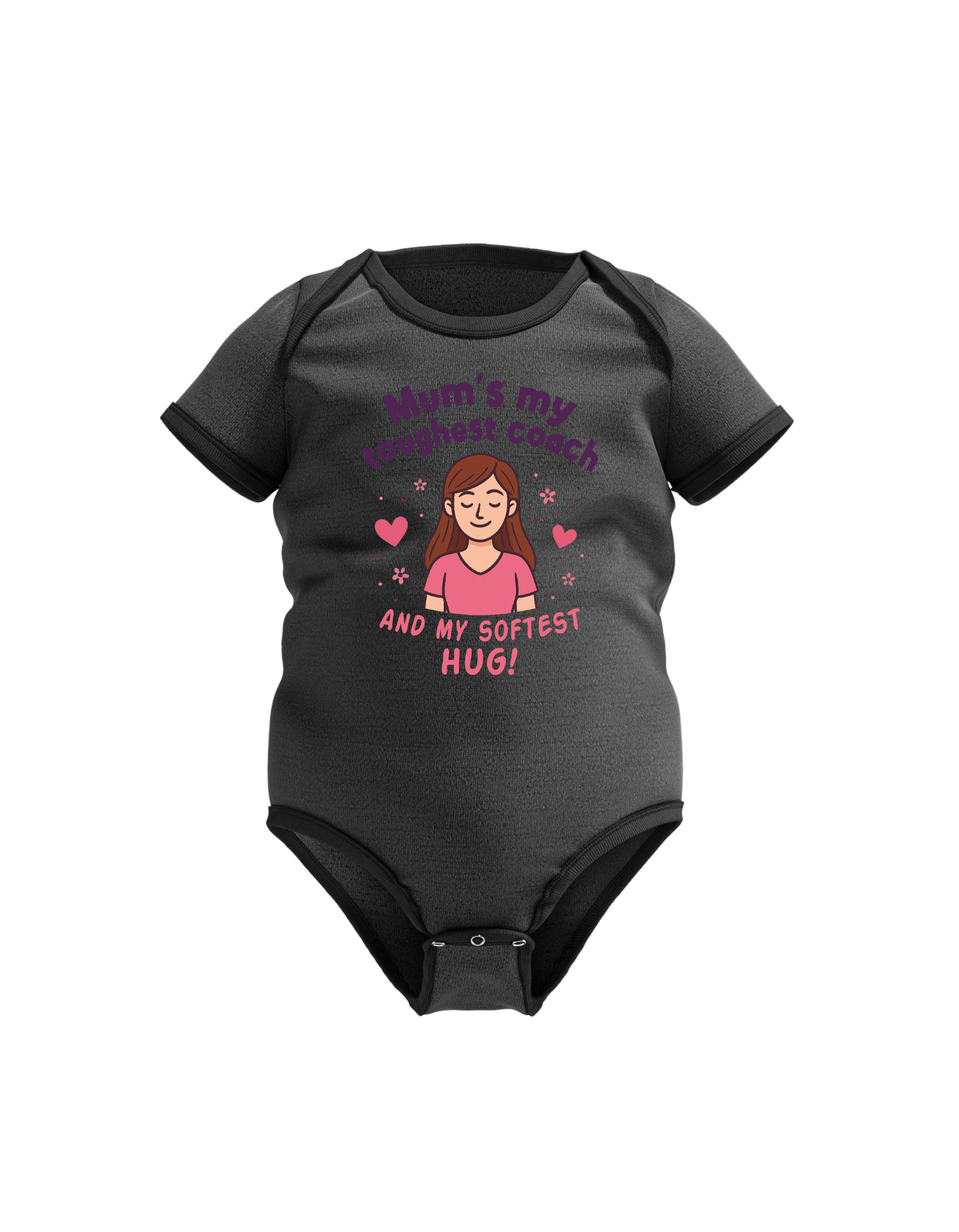 Black baby onesie with text and graphics on a white background/. From Cows Corner with slogan on the front ''Mum’s My Toughest Coach and My Softest Hug!