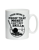 White mug with black golf graphic and text on a white background