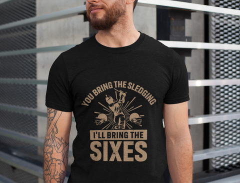 You Bring The Sledging, I'll Bring The Sixes.  Funny Cricket T-Shirt, Premium Fabric, Multiple Adult Sizes
