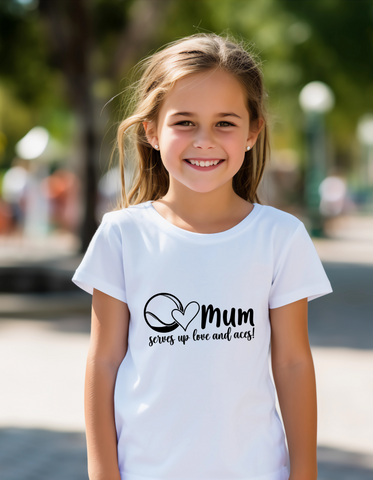 Mum Serves Up Love and Aces!  Funny Tennis T-Shirt, Premium Fabric, Multiple Junior Sizes