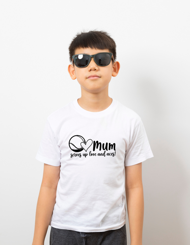 Mum Serves Up Love and Aces!  Funny Tennis T-Shirt, Premium Fabric, Multiple Junior Sizes