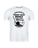White t-shirt with black graphic and text on a white background