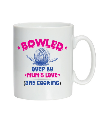 Bowled Over By Mums Love And Cooking.  10oz / 285ml, White Ceramic Mug, Microwave & Dishwasher Safe, Perfect For Your Morning Brew