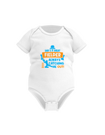 Dad’s a Great Fielder, Always Catching Me Out. Funny Cricket Baby Bodysuit, Organic or In-Conversion to Organic Cotton, Self Fabric Bound Neckline, Cuffs and Leg Openings