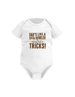 Dads Like a Spin Bowler, Always Full of Tricks! Funny Cricket Baby Bodysuit, Organic or In-Conversion to Organic Cotton, Self Fabric Bound Neckline, Cuffs and Leg Openings