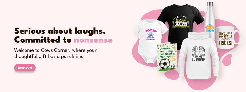 Promotional banner for Cows Corner with humorous t-shirts and products on a pink background.