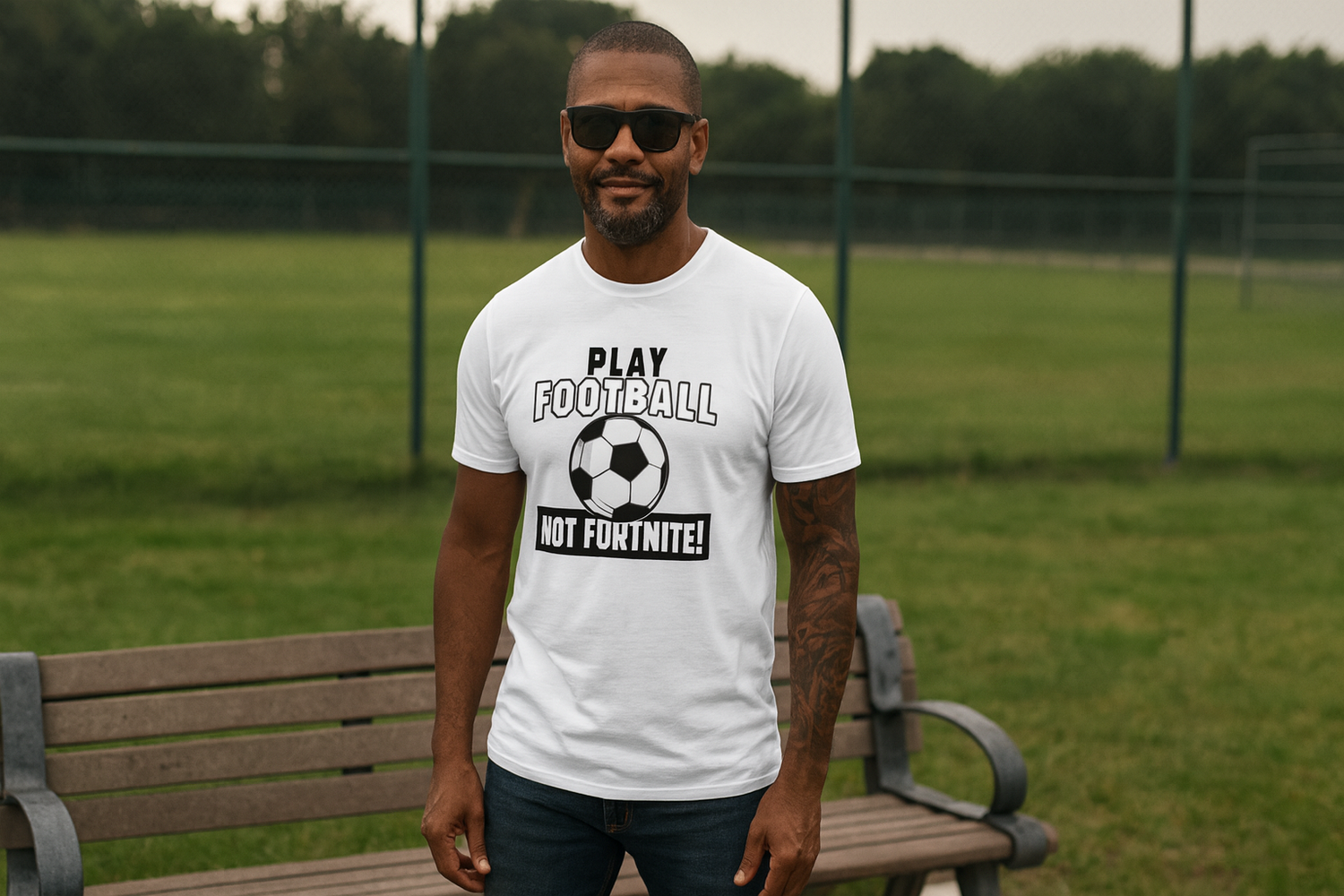 Man wearing a white t-shirt with a sports-themed design on a grassy field.