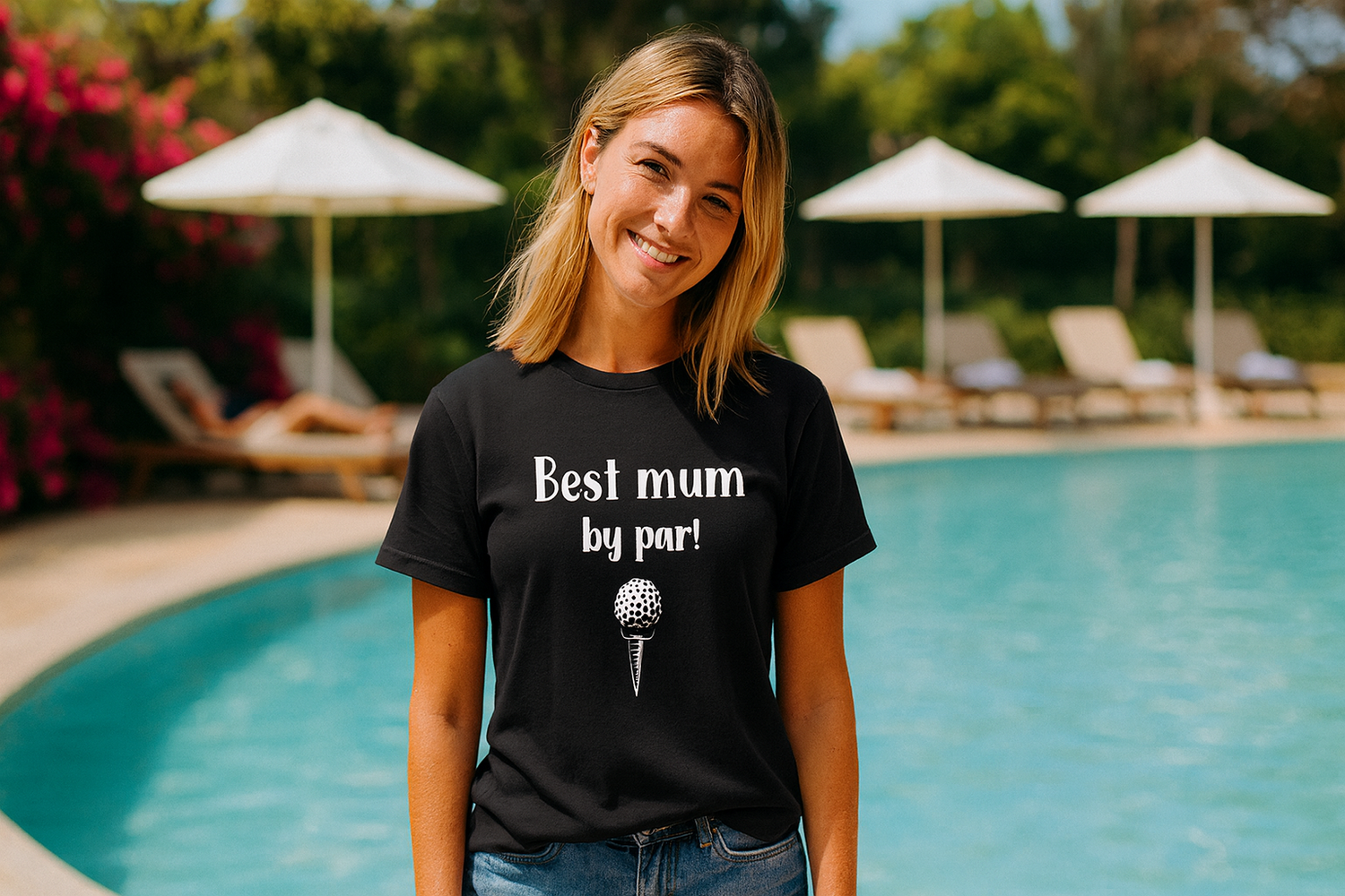 Woman wearing a black t-shirt with 'Best mum by par' text, standing by a pool.