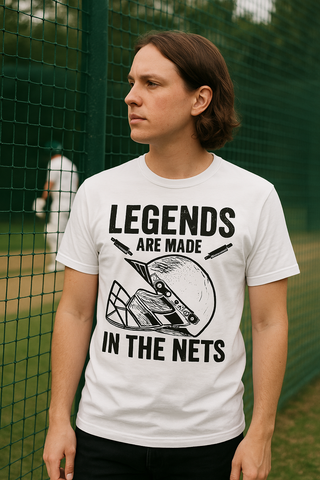 Legends Are Made In The Nets – Funny Cricket T-shirt.   Funny Cricket T-shirt, Premium Fabric, Multiple Adult Sizes
