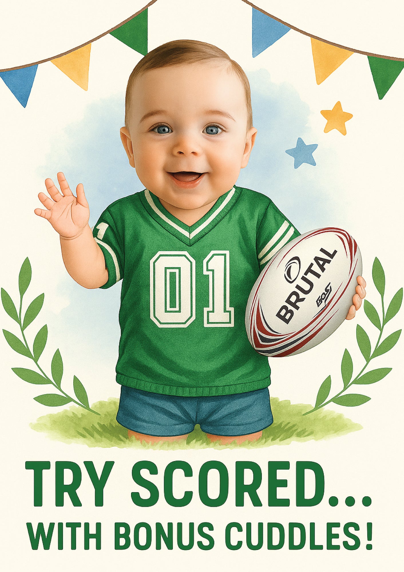 Baby in green sports jersey holding a rugby ball with decorative elements and text. This is a beautiful Cows Corner Card