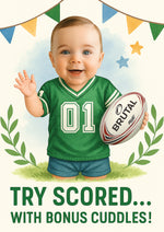 Baby in green sports jersey holding a rugby ball with decorative elements and text. This is a beautiful Cows Corner Card