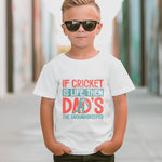 A little boy wearing a white t-shirt with If Cricket Is Life, Then Dad's The Groundskeeper on the front. A Funny Cricket T-Shirt, Premium Fabric, Multiple Junior Sizes