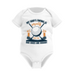 White baby onesie with golf-themed design and text on a white background with a Cows Corner slogan saying My dad's swing is smooth, but his jokes are rough.