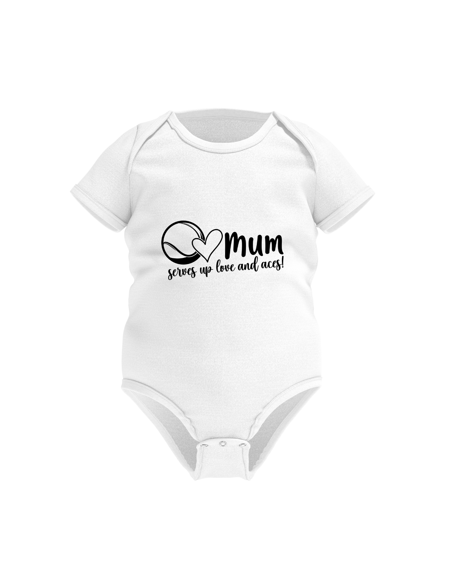 A white baby grow with tennis slogan on the front that reads 'Mum Serves Up Love and Aces'.