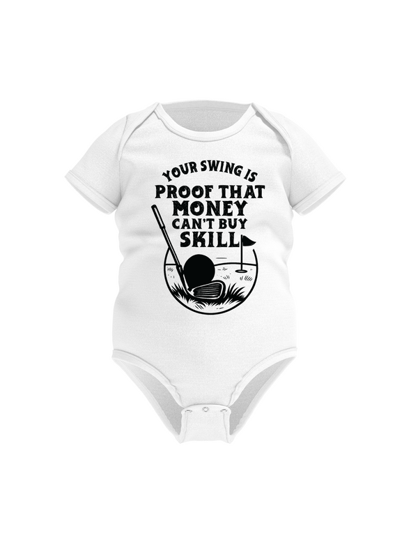 White baby onesie with golf-themed text and graphics on a white background