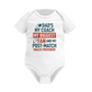 White baby onesie with colorful text on a white background, with a slogan on the front saying 'Dad’s My Coach My Biggest Fan and My Post-Match Snack Provider!