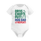 White baby onesie with golf-themed text on a white background with a Cows Corner slogan saying Drive, Chip, Putt, Hug Dad, Repeat.