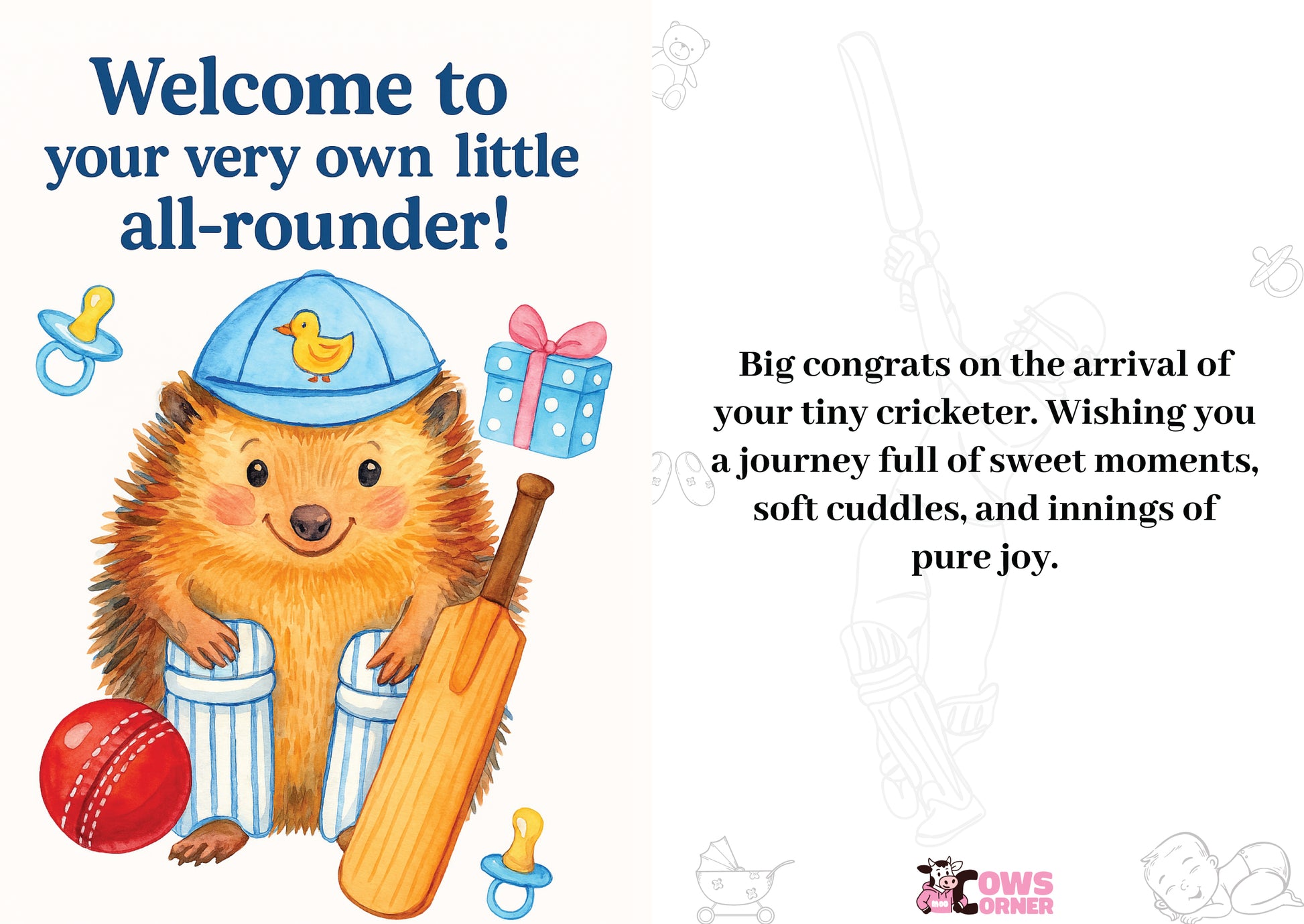 A new baby congratulations card saying 'Welcome to your very own little all-rounder!' on the front