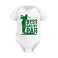 White baby onesie with green text and graphic of a golfer on a white background with a Cows Corner slogan, Best dad by par.