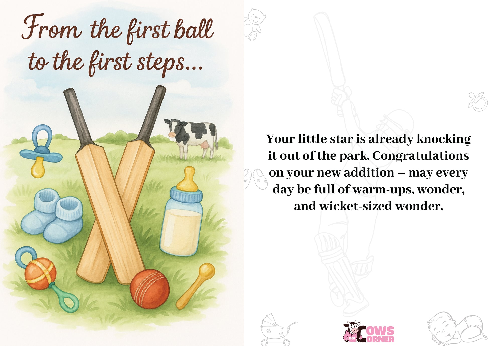 A new baby congratulations card saying 'From the first ball to the first steps…' on the front