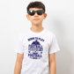 A boy wearing a white t-shirt with the funny football saying that says I love my dad 'Born To Play Football. Raised by a Football Dad!'