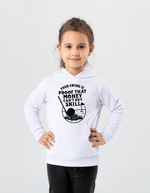 Child wearing a white hoodie with a graphic and text on a light gray background