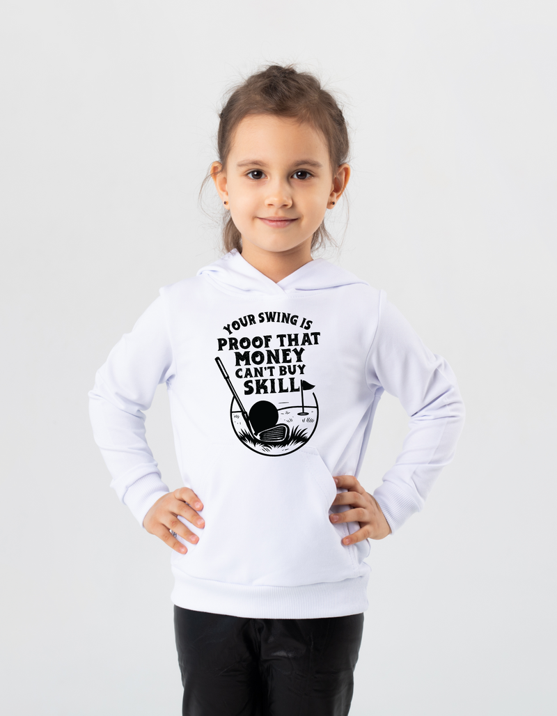 Child wearing a white hoodie with a graphic and text on a light gray background