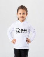 A girl wearing a white hoodie with the lovely tennis slogan on the front that reads 'Mum Serves Up Love and Aces'