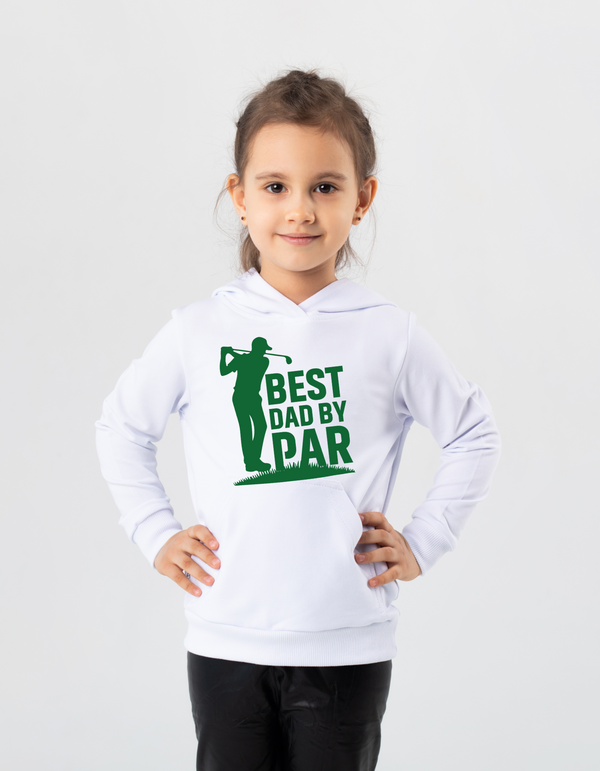 Child wearing a white hoodie with a green graphic and text on a white background with a Cows Corner slogan, Best dad by par.