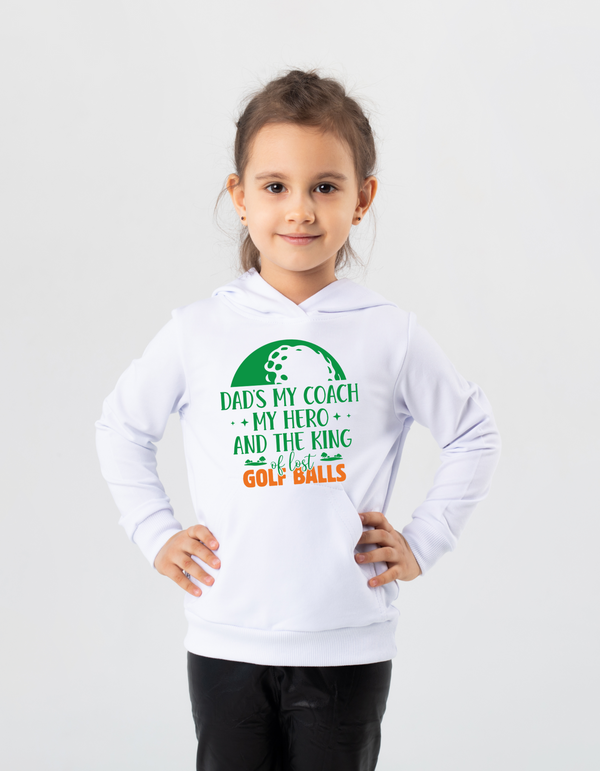 A young girl wearing a white hoodie with a Cows Corner slogan, Best dad by par.