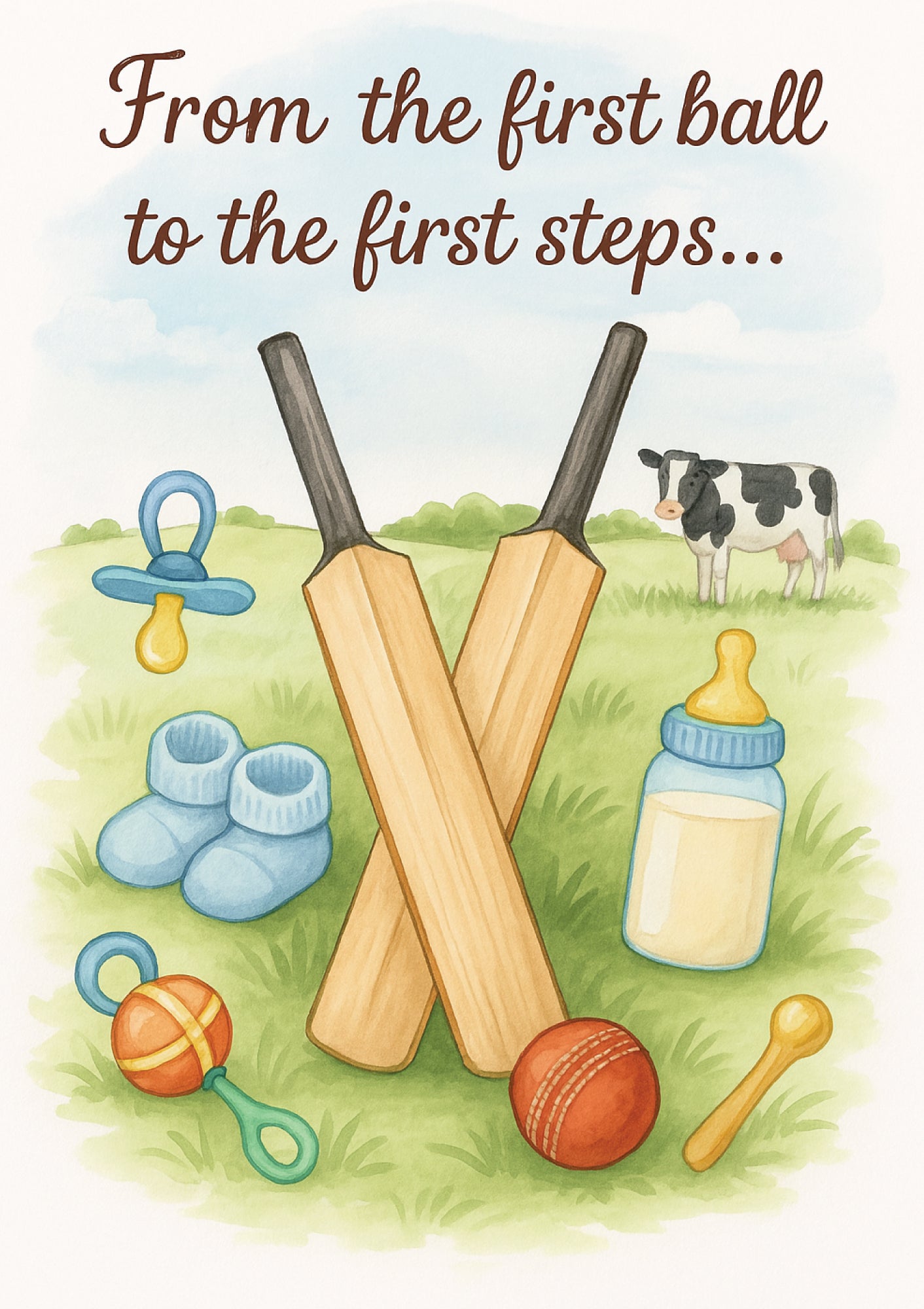 A new baby congratulations card saying 'From the first ball to the first steps…' on the front