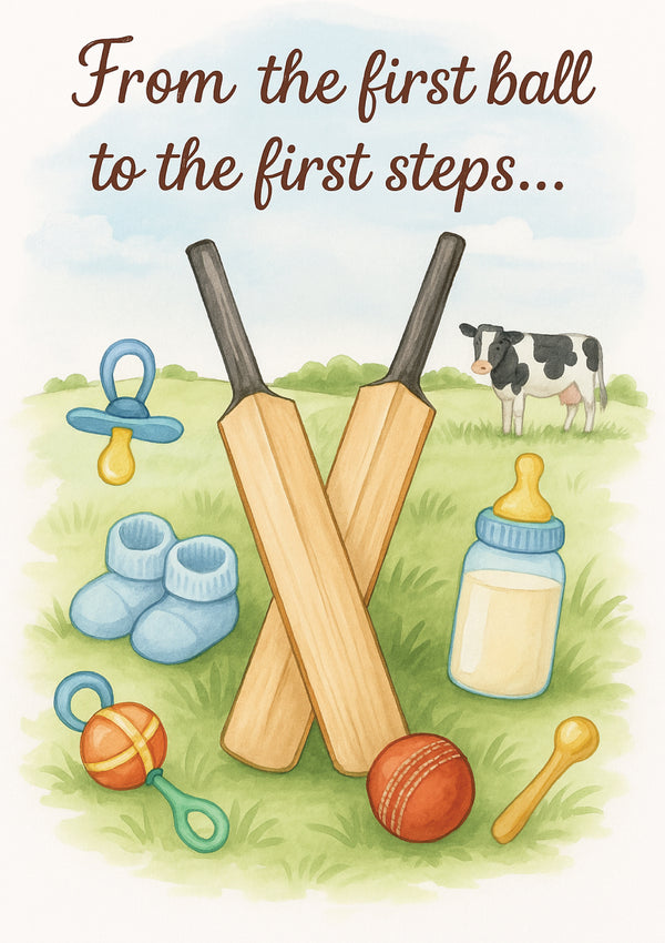 A new baby congratulations card saying 'From the first ball to the first steps…' on the front