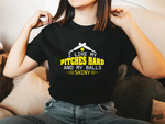 A lady wearing a black t-shirt with I Like My Pitches Hard And My Balls Shiny on the front! A Funny Cricket Tee, Premium Fabric, Multiple Adult Sizes