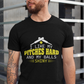 A man wearing a black t-shirt with I Like My Pitches Hard And My Balls Shiny on the front! A Funny Cricket Tee, Premium Fabric, Multiple Adult Sizes