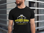 A man wearing a black t-shirt with I Like My Pitches Hard And My Balls Shiny on the front! A Funny Cricket Tee, Premium Fabric, Multiple Adult Sizes