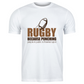 White t-shirt with rugby-themed text and graphic on a white background with a Cows Corner slogan saying Rugby because punching people in public is frowned upon