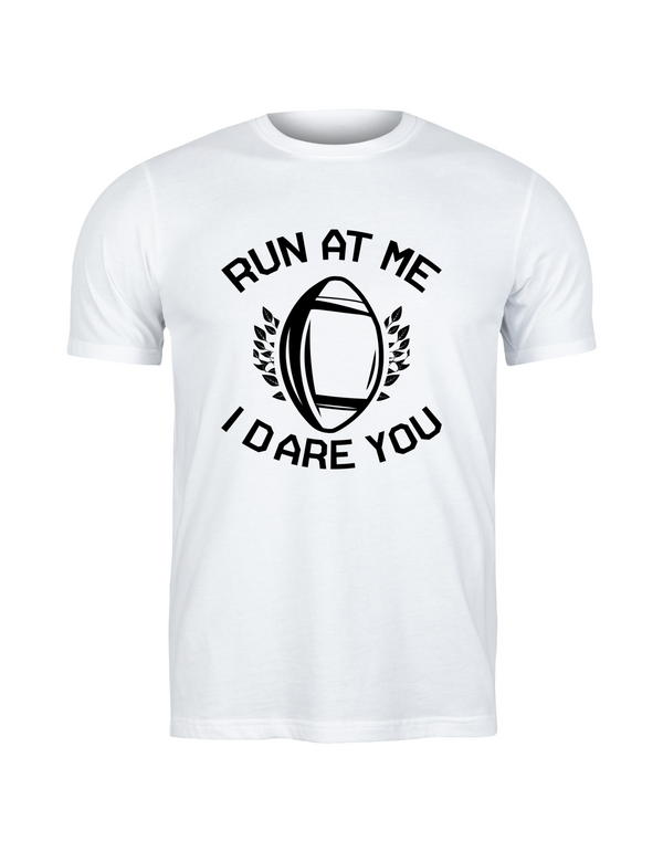 White t-shirt with black text and graphic on a white background with a Cows Corner slogan saying run at me I dare you