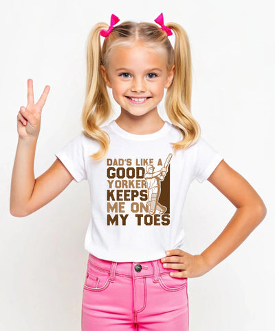 Dads Like A Good Yorker, Keeps Me On My Toes.  Funny Cricket T-Shirt, Premium Fabric, Multiple Junior Sizes, Perfect for Boys and Girls